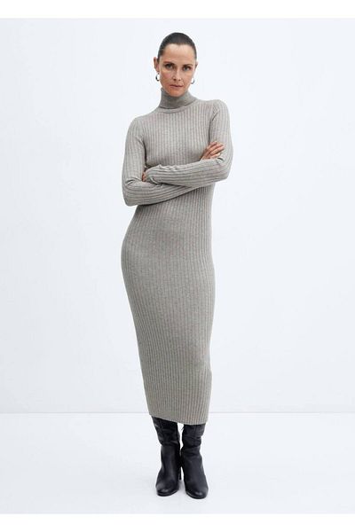 MANGO Woman Μίντι φόρεμα με ψηλό γιακά με ραβδώσεις