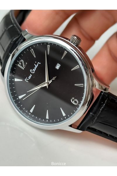 Pierre Cardin Brand Black Leather Cord Calendar Men's Wrist Watch + Bracelet