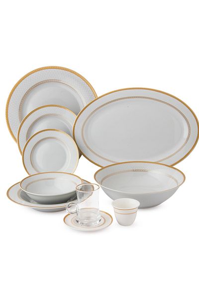 Dania 70-Piece Porcelain Dining Set White Color With Golden Font Enough For 6 People