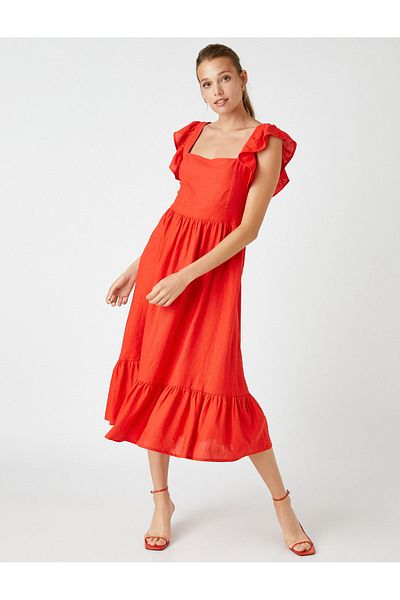Koton Ruffle Midi Dress Linen Blend