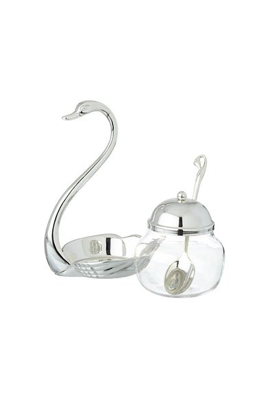 Dania Glass Sugar Bowl With Silver Metal Swan Decorative Holder + Metal Spoon