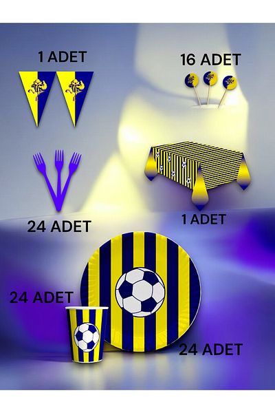 VibeHome Yellow Navy Blue Fan Premium Set for 24 - Birthday Party and Fun Events