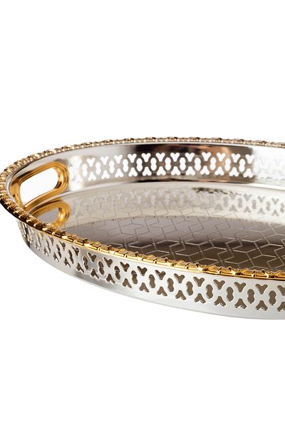 Dania Silver Oval Tray With Golden Frame Inner Handles Made Of Metal And Stainless Lacquered 40x30 Cm