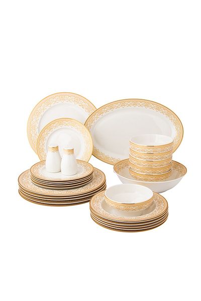 Dania 28-piece porcelain dining set with golden font, suitable for 6 people
