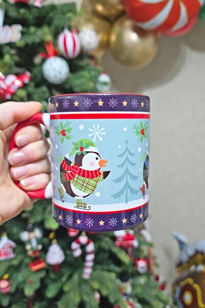 PEKSHOP Yılbaşı Kupası Penguen Tasarım Yılbaşı Hediyesi Kupa Bardak İçi ve Ku...