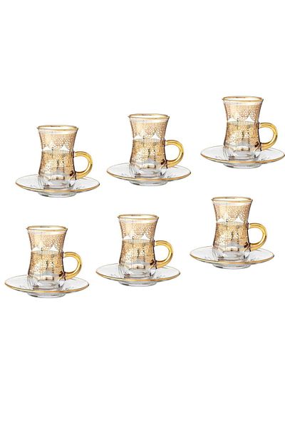 Byblos A transparent glass Turkish tea set consisting of 6 cups and 6 saucers with golden decor