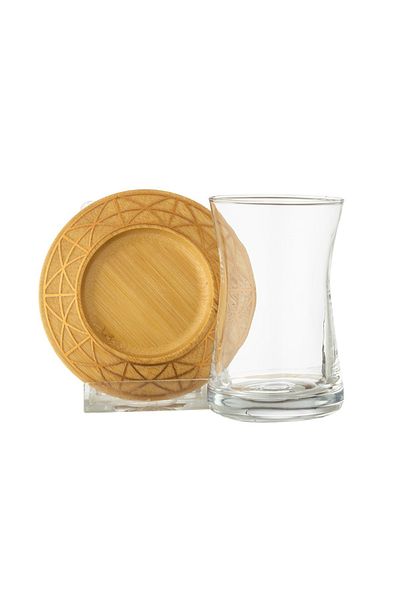Dania Tea set of 6 glass cups with 6 tea saucers made of wood with golden decoration
