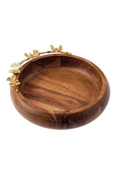 Dania Round serving dish made of beech wood with multi-use golden butterfly decor