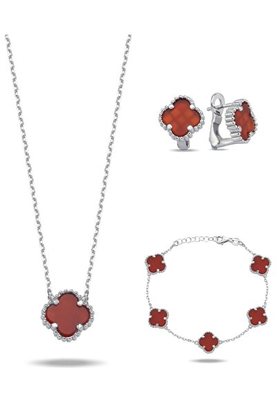 Inure Jewelry 925 Ayar Gümüş Kırmızı Akik Taşlı Rodyum Kaplama Yonca Model (KOLYE & BİLEKLİK & KÜPE) 3'lü Set