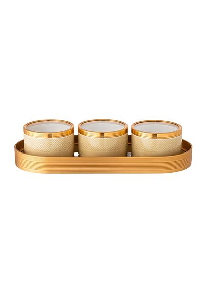 Dania Porcelain nuts serving plate, 3 pieces, with a golden metal tray