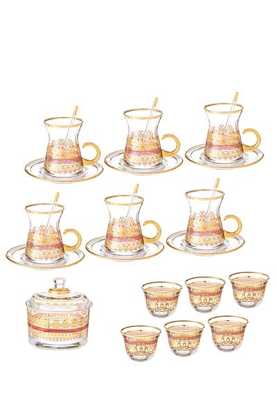 Byblos Turkish coffee And Tea Set 25 pcs 6 Tea Cups + 6 Tea Saucers + 6  Coffee Cups + 6 Spoons + 1 Bowl