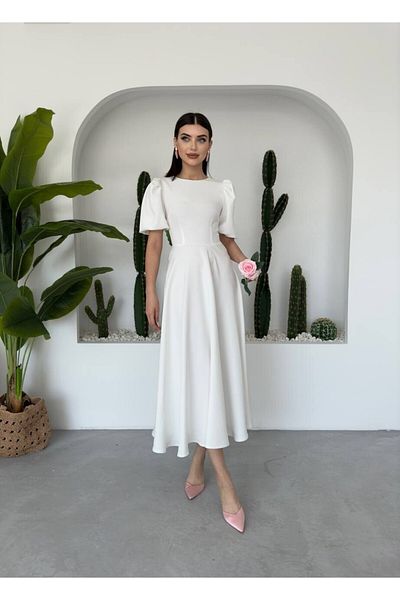 MRY BUTİK Rochie midi albă cu mâneci pepene verde
