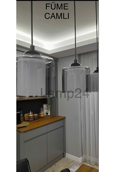 Lamp24 Eve Serisi 3'lü Sıralı Füme Camlı Yemek Masası Avizesi