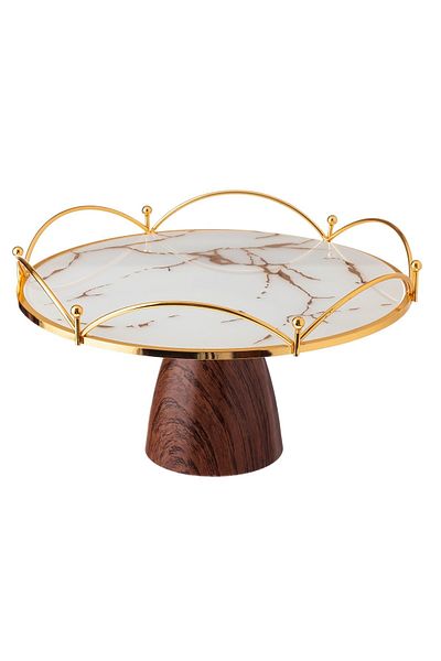 Dania Glass Serving Plate With Golden Decor, Wooden Base, Width 30 * Height 17 Cm