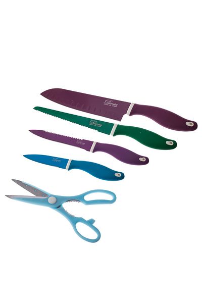 Dania A set of serving knives of different colors and sizes with a chopping board and scissors + a stand