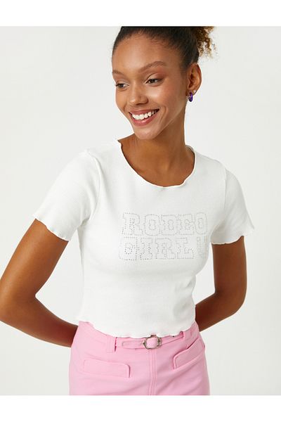 Koton Crop T-Shirt Short Sleeve Crew Neck Shiny Stone