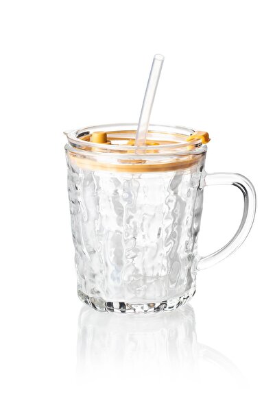 Dania كوب زجاجي مقلع بغطاء بلاستيكي محكم الغلق بمصاصة لسهولة الشرب بسعة 300 مل