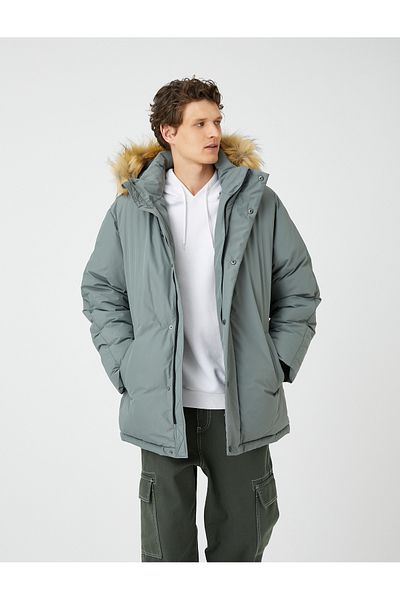 Koton Puffer Coat Hooded Faux Fur Detailed Zipper with Snap Buttons