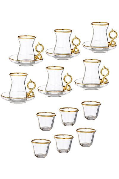 Byblos 18 Piece Tea Set With Saucers And Saudi Coffee Made Of Turkish Glass With Golden Calligraphy