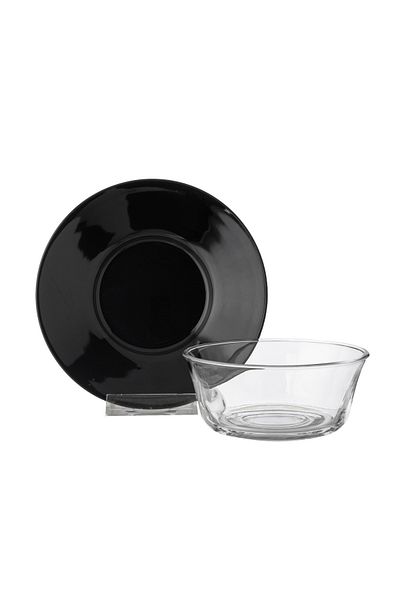 Dania Clear Glass Yogurt Set with Black Porcelain Plate, 6 Bowls + 6 Plates