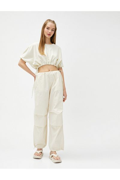 Koton Crop Blouse with Tie Waist Detail, Balloon Sleeves, Crew Neck