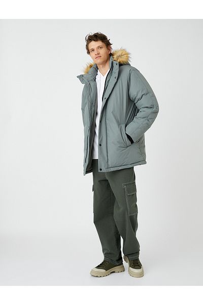 Koton Puffer Coat Hooded Faux Fur Detailed Zipper with Snap Buttons