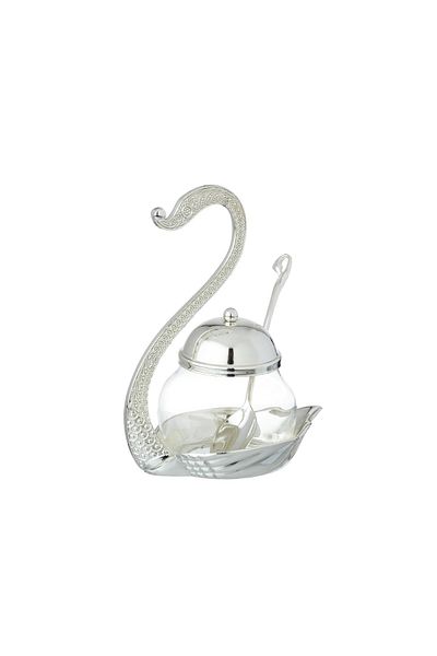 Dania Glass Sugar Bowl With Silver Metal Swan Decorative Holder + Metal Spoon