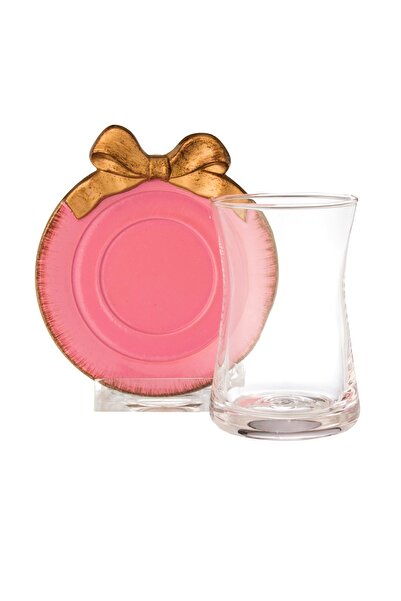 Dania طقم فناجين شاي زجاج مع صحن خشبي باللون الوردي مكون من 6 فناجين شاي + 6 صحون شاي