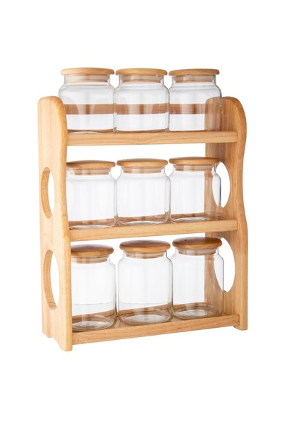 Dania مجموعة من 9 حاويات تخزين للمطبخ مصنوعة من الزجاج والخشب مع حامل