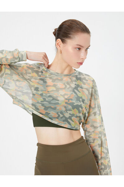 Koton Διαφανές Crop T-Shirt καμουφλάζ με μοτίβο μακριά μανίκια Crew λαιμόκοψη