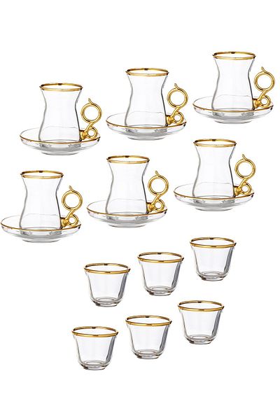 Byblos Tea set with saucers and Saudi coffee made of Turkish glass with golden calligraphy