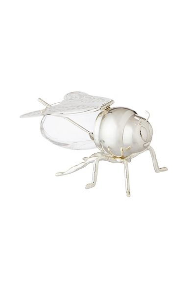Dania Glass Sugar Bowl With Silver Metal Bee Decor Holder + Metal Spoon