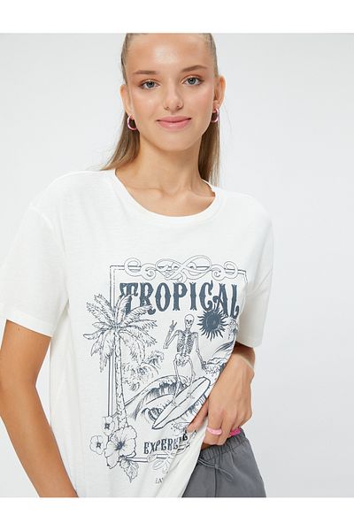 Koton Crew Neck Slogan Printed Cotton T-Shirt