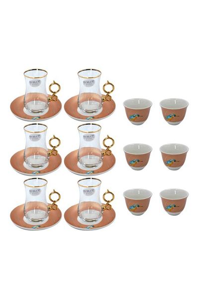 Byblos 18-Piece Tea & Coffee Cups Set Orange/White/Gold 6x Tea Cups (150 ml), 6x Coffee Cups, 6x Saucers