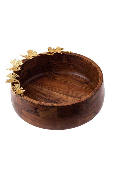 Dania A deep circular bowl of beech wood with a metal butterfly decoration golden color for multiple uses