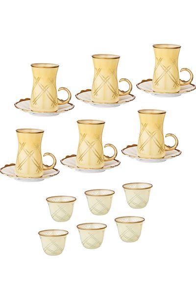Byblos A Set Of Turkish Glass Tea Cups With Saucers And Saudi Coffee, Made Of Porcelain With A Golden Line