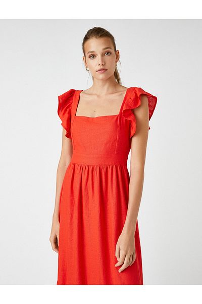 Koton Ruffle Midi Dress Linen Blend
