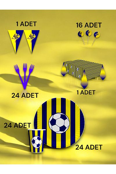 VibeHome Yellow Navy Blue Fan Premium Set for 24 - Birthday Party and Fun Events
