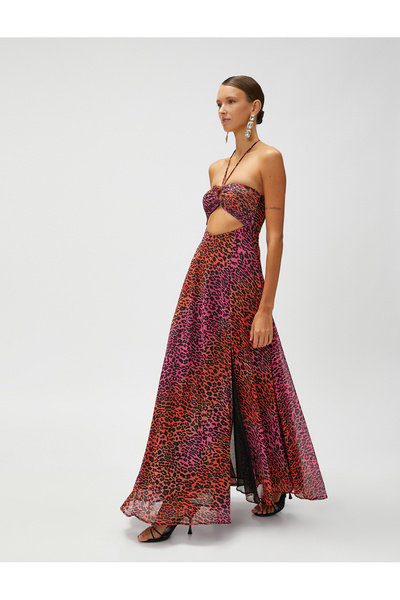 Koton Leopard Patterned Window Detailed Dress with Metal Tie Neck