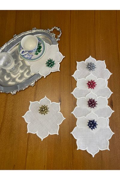 Smiling Home 6 Pieces of Linen Ecru Color Star Pattern Stylish Colored Pearls Cocktail Presentation Napkins