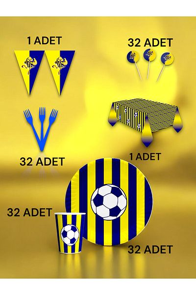 VibeHome Yellow Navy Blue Fan Premium Set for 32 - Birthday Party and Fun Events