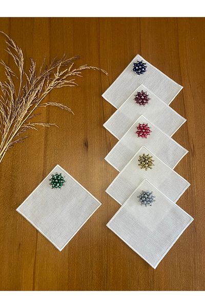 Smiling Home 6 Pieces Linen Ecru Color Square Colored Cocktail Presentation Napkins with Pearls