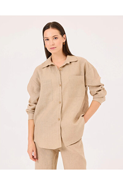 SEÇİLSTORE Düğmeli Uzun Kol Keten Gömlek