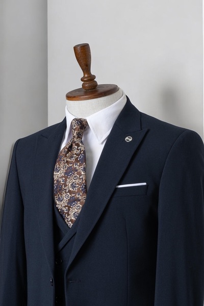 WENNO Yelekli Battal Beden Takım Elbise Lacivert