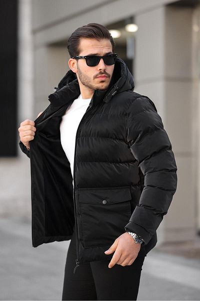 Mero Life Мъжко черно яке от естествена кожа с качулка Nova Fabric Slim Fit Puffer Carbon