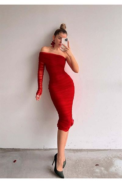 Afiş Butik One Shoulder Tulle Dress with Drape Detail