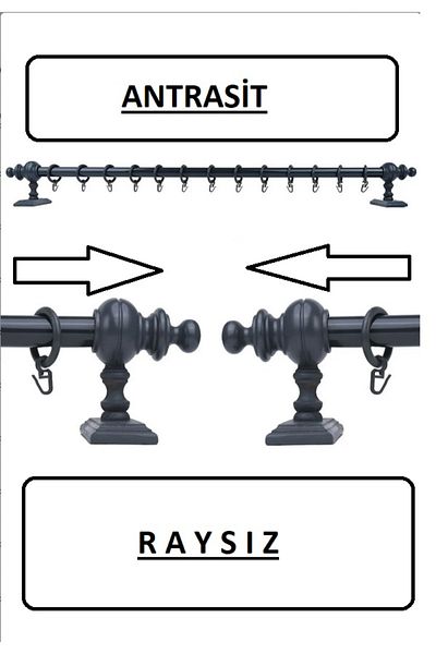 OPEN SHOPS Anthracite No-Ray Wood Rustic Curtain Hanger and Aluminum Rustic Tube 200 cm