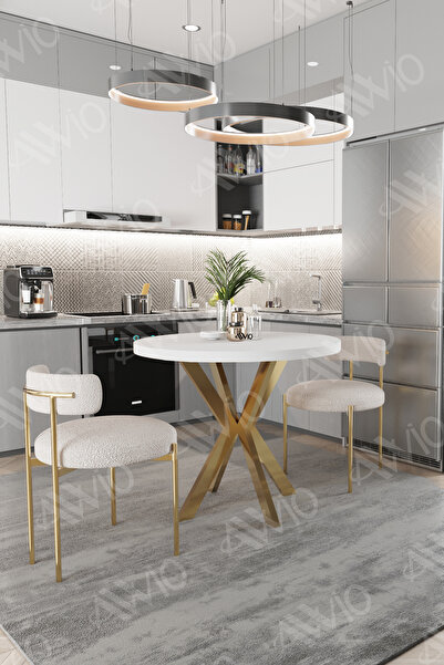 AVVİO Lena Serisi Teddy Sandalye 90X90 Yuvarlak Yemek Masası Mutfak Masası 2 Kişilik Masa Sandalye Takımı