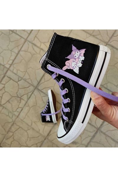 ELİTE STEP Pantofi sport unisex casual, negru, alb, înalt, My Melody Kuromi, cu imprimeu, pantofi sport din in