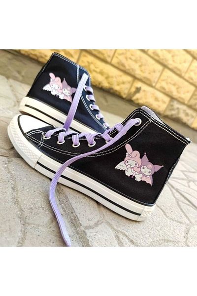 ELİTE STEP Pantofi sport unisex casual, negru, alb, înalt, My Melody Kuromi, cu imprimeu, pantofi sport din in